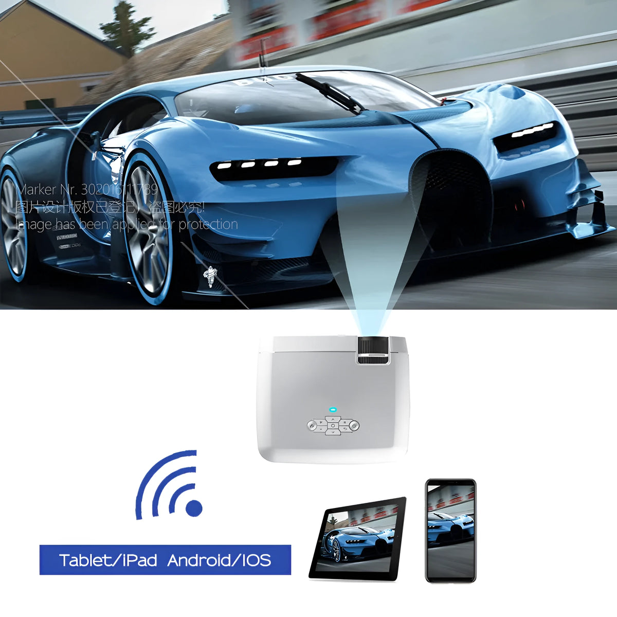 AUN D40W white mini LED projector with WiFi mirroring, USB port, and built-in speaker for home cinema