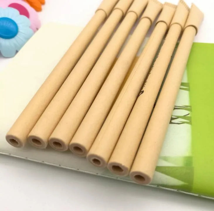 Kraft paper tube ballpoint pen with 1.0mm bullet nib, 15.5cm length.