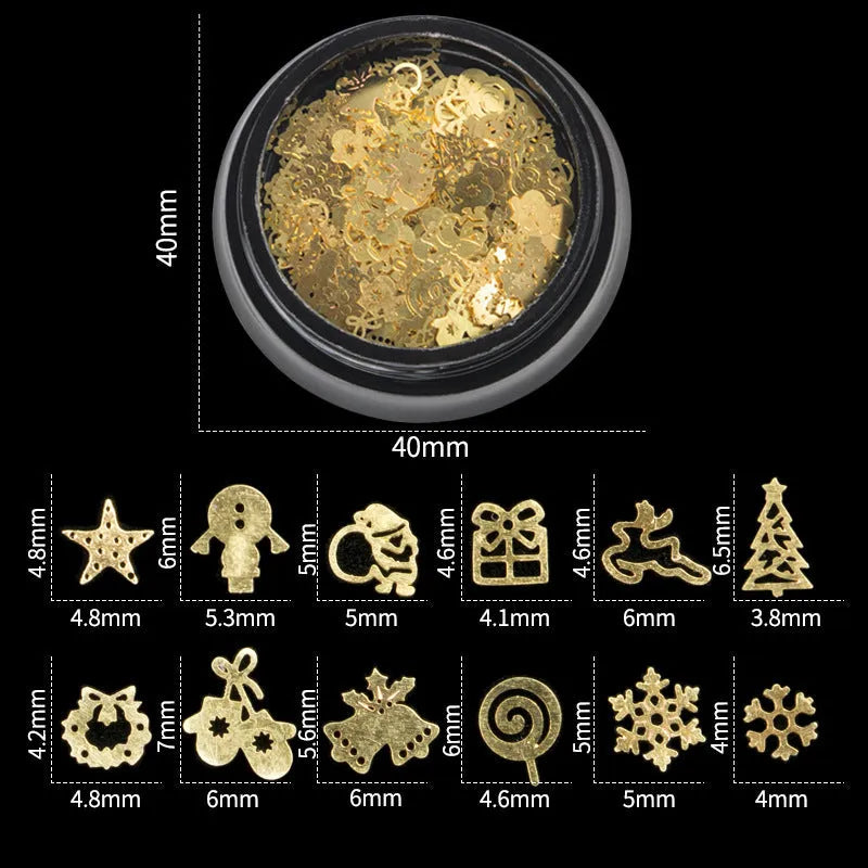 Gold metal Christmas nail art charms, 120 pieces in a box for festive manicures