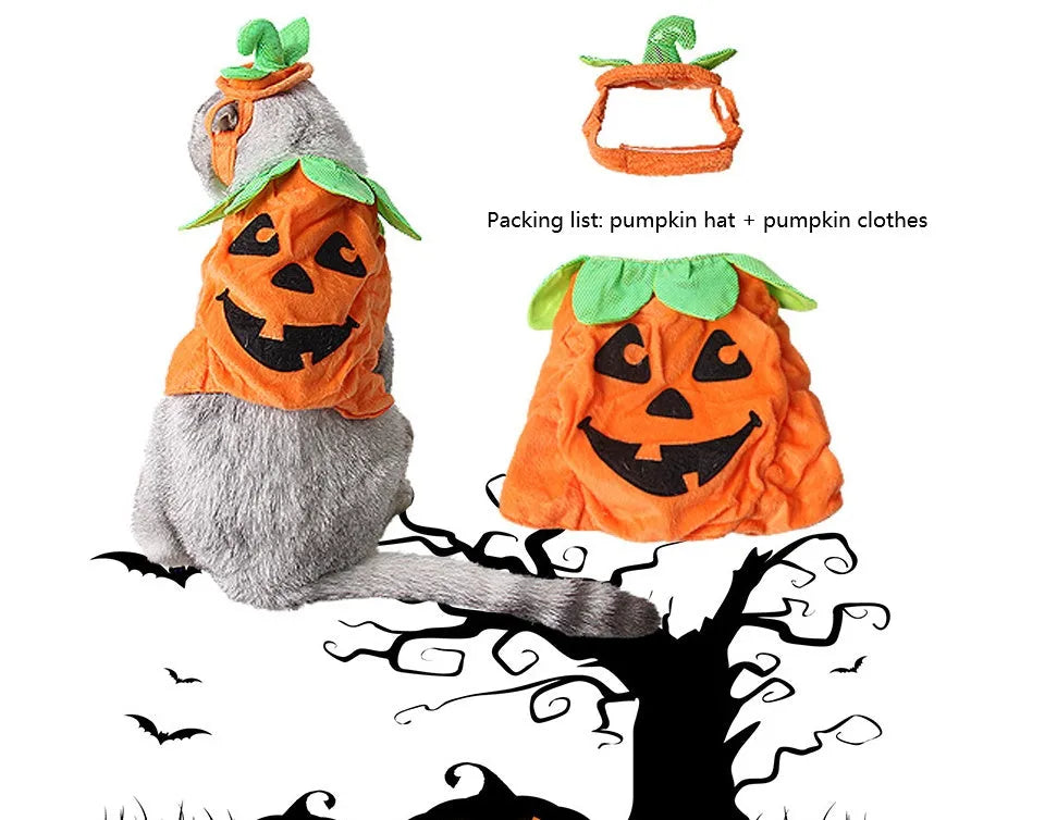 Yellow pumpkin-shaped pet costume with green leaf decoration for cats and small dogs