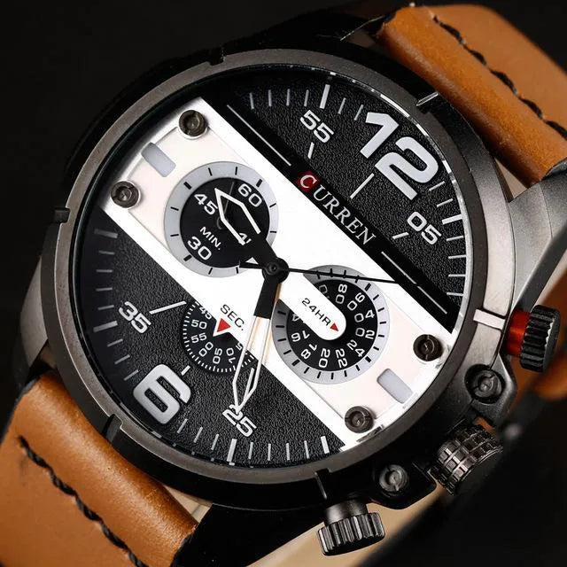 Men's army military watch with black dial, luminous hands, date display, and brown leather strap on wrist