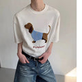 Grey cotton T-shirt for men with an embroidered sausage dog design on the chest.