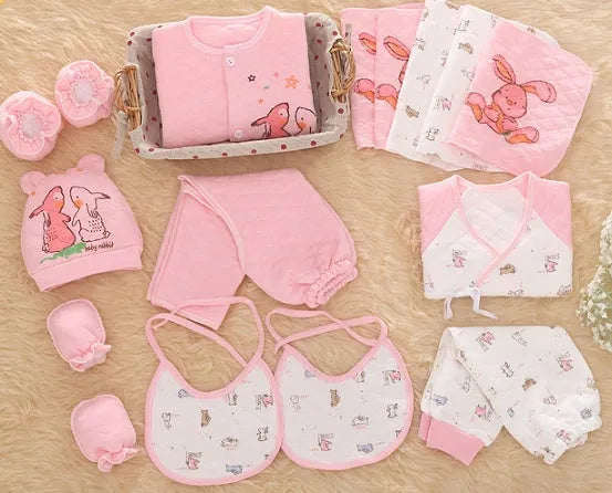Padded baby clothes set in pink for newborns, made from soft cotton fabric.