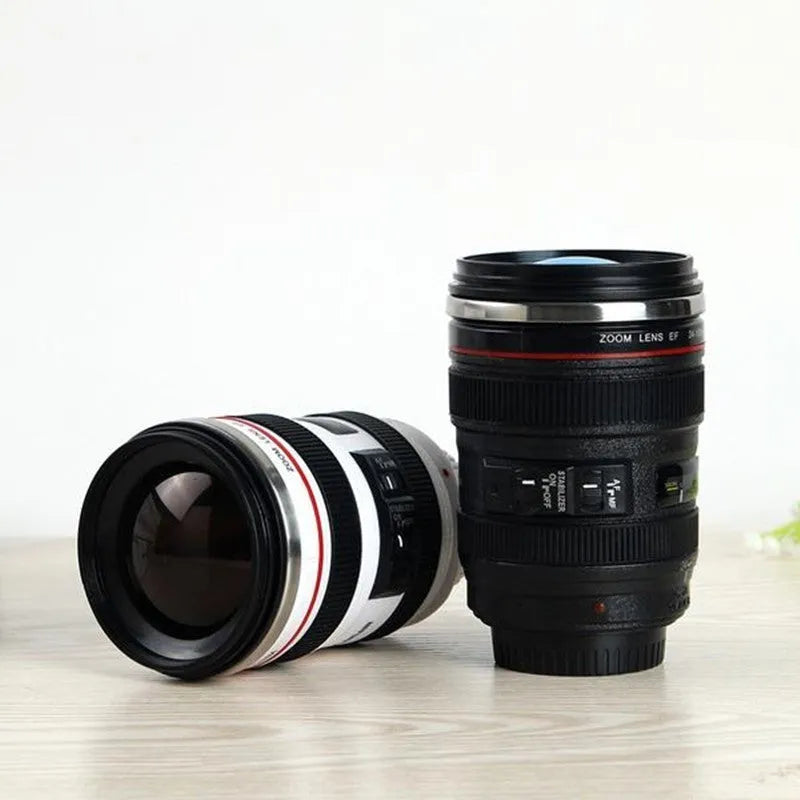 Stainless steel camera lens travel mug in black colour with 400 ml capacity and straight cup design