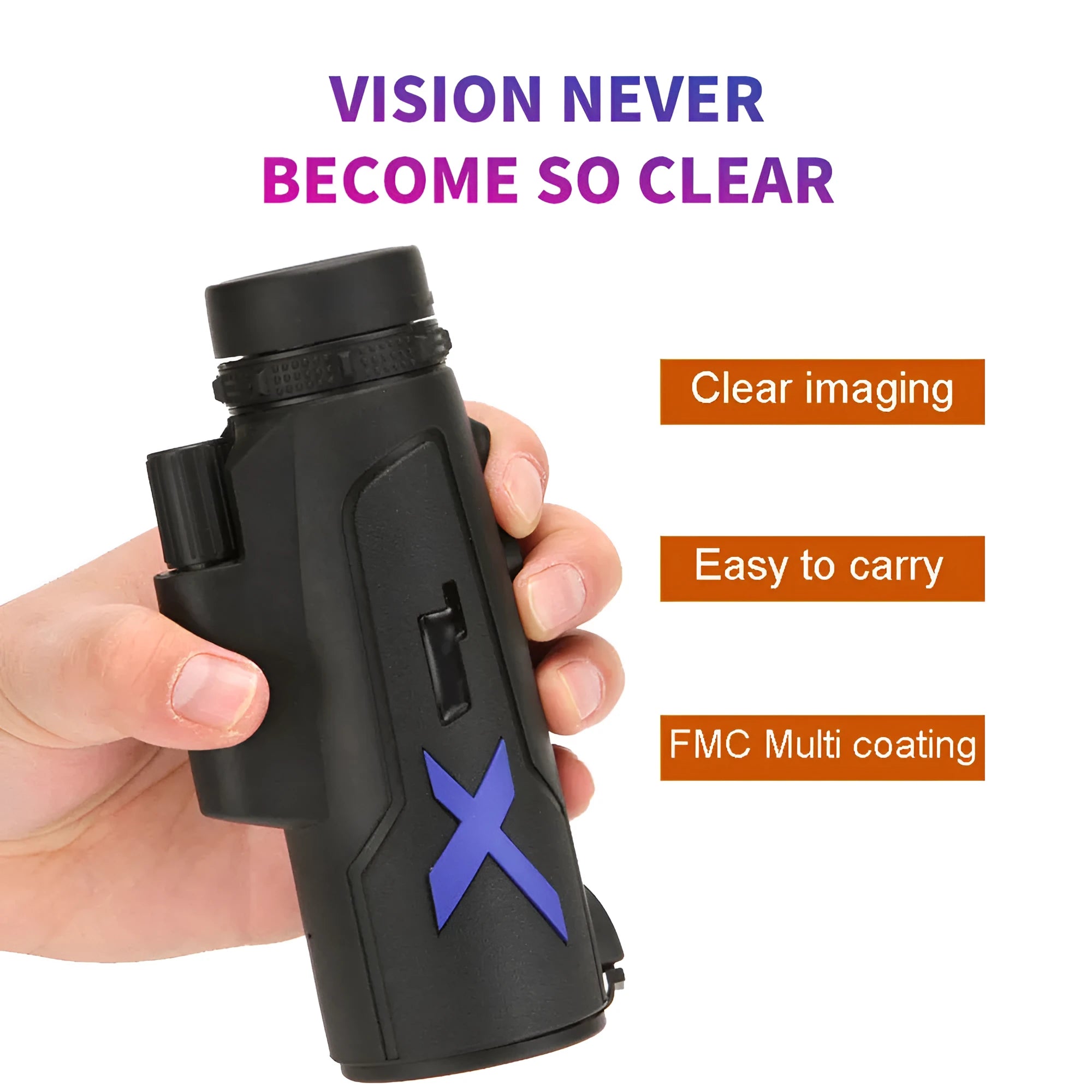 Black 20x50 monocular telescope with 12x zoom on a table