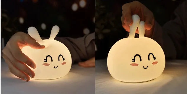Marshmallow bunny LED night light with shy or happy face, 126x126x147mm, ABS and silicone construction