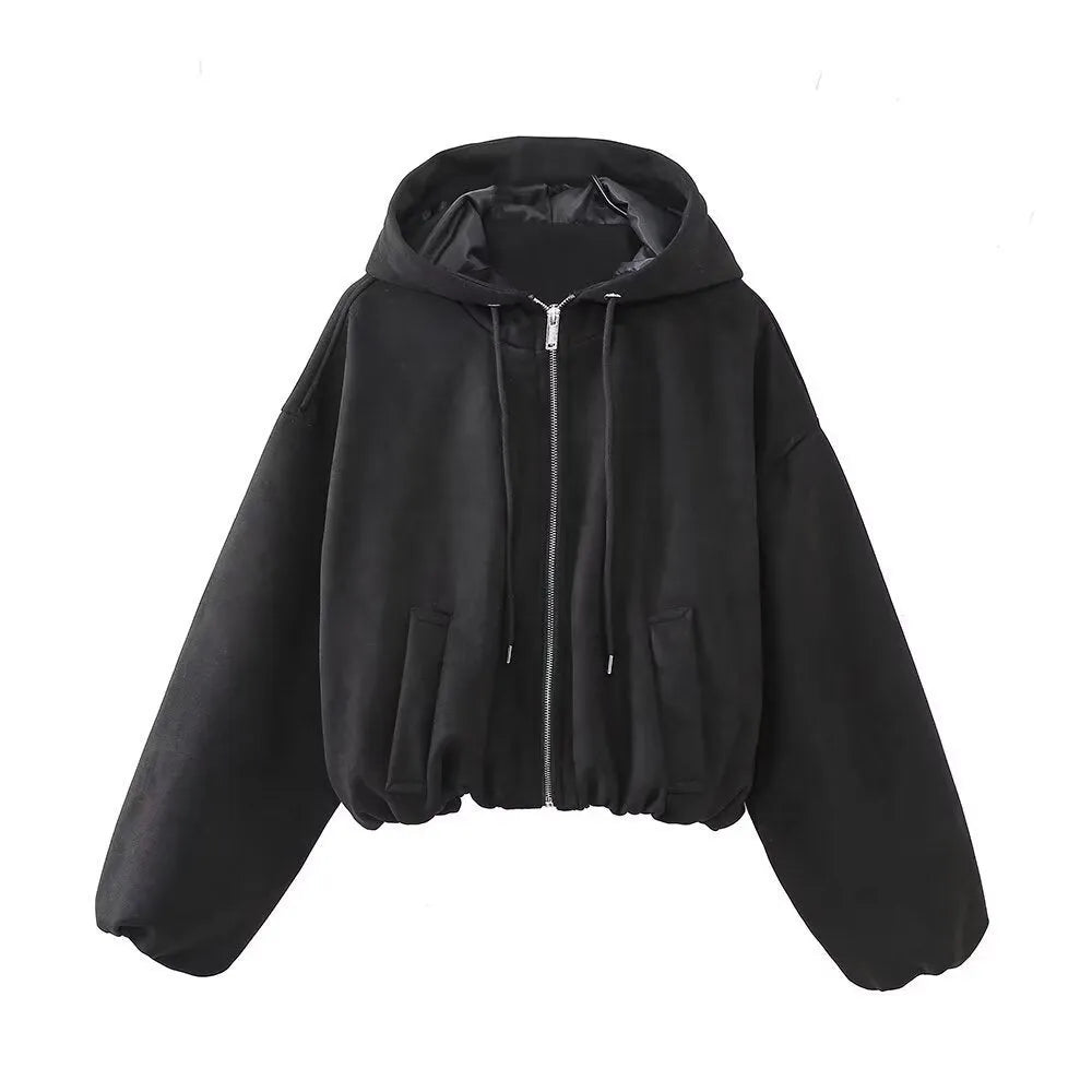 Women's suede hooded jacket in black or white colour with Asian sizing from XS to L