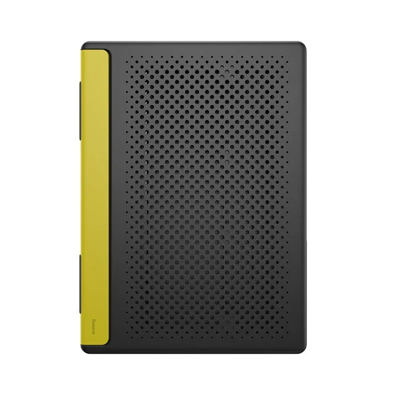 Portable black metal alloy laptop stand folded to 0.8mm thickness next to a notebook computer.