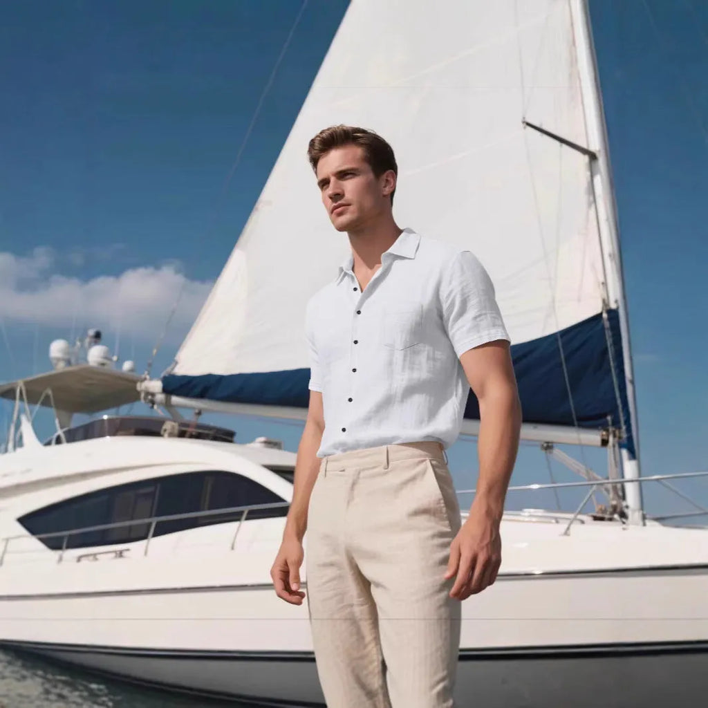 Men's loose-fit linen short-sleeved shirt in cotton blend fabric, cardigan style, solid colour options