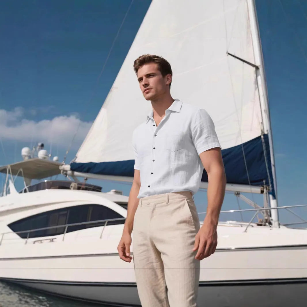 Men's loose-fit linen short-sleeved shirt in cotton blend fabric, cardigan style, solid colour options