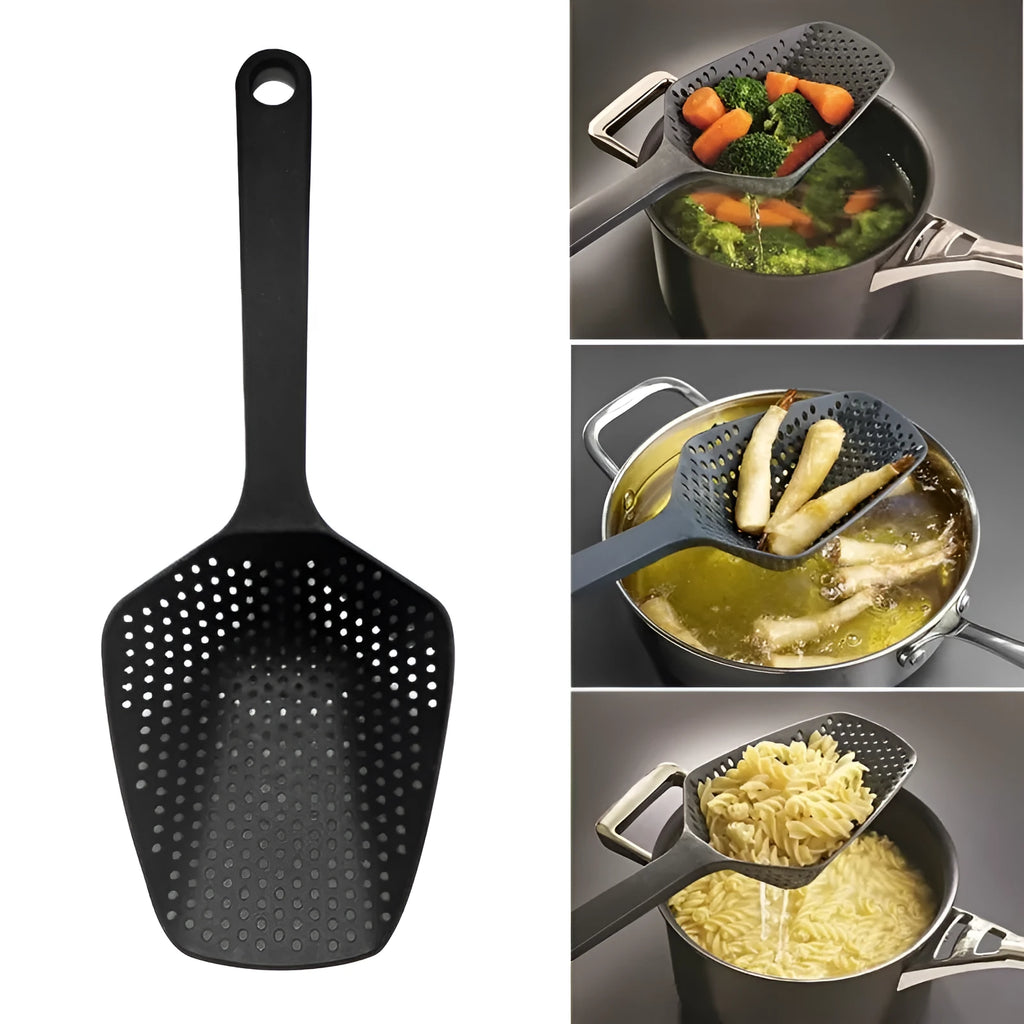 Nylon kitchen scoop colander strainer in assorted colours for draining fried food or soup