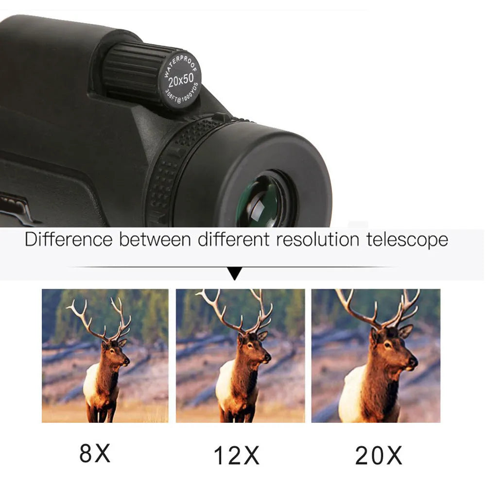 Black 20x50 monocular telescope with 12x zoom on a table
