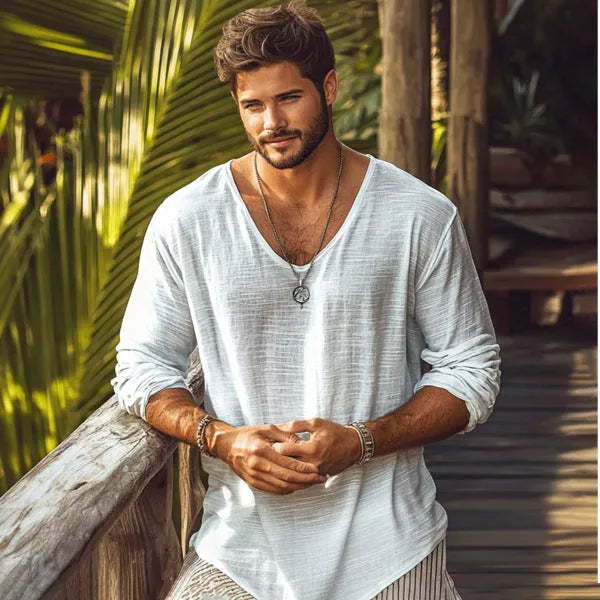 Beige V-neck long-sleeved slim fit t-shirt on a hanger