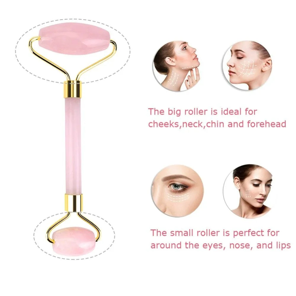 Jade roller massager with rose quartz gua sha stone, dual-sided natural jade facial tool for tension relief and skincare absorption.