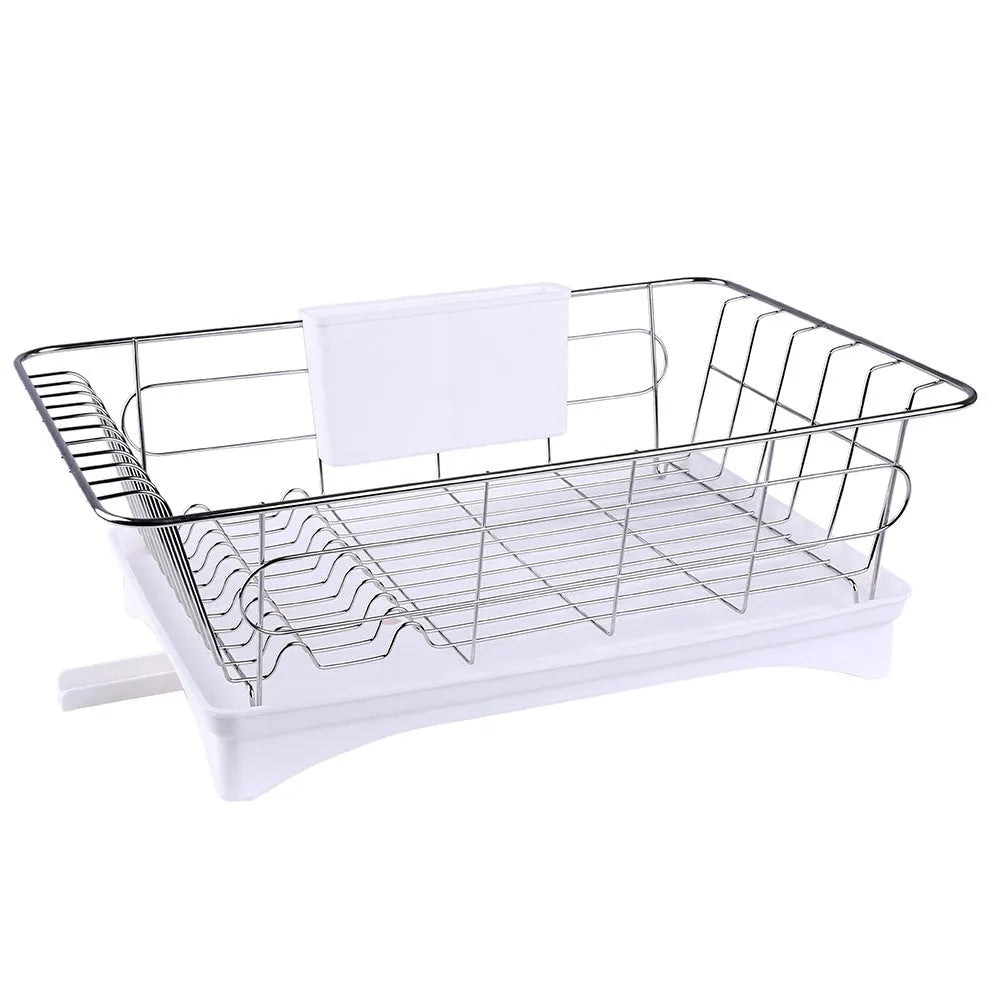 Stainless steel dish drying rack with black plastic drain board and cutlery holder