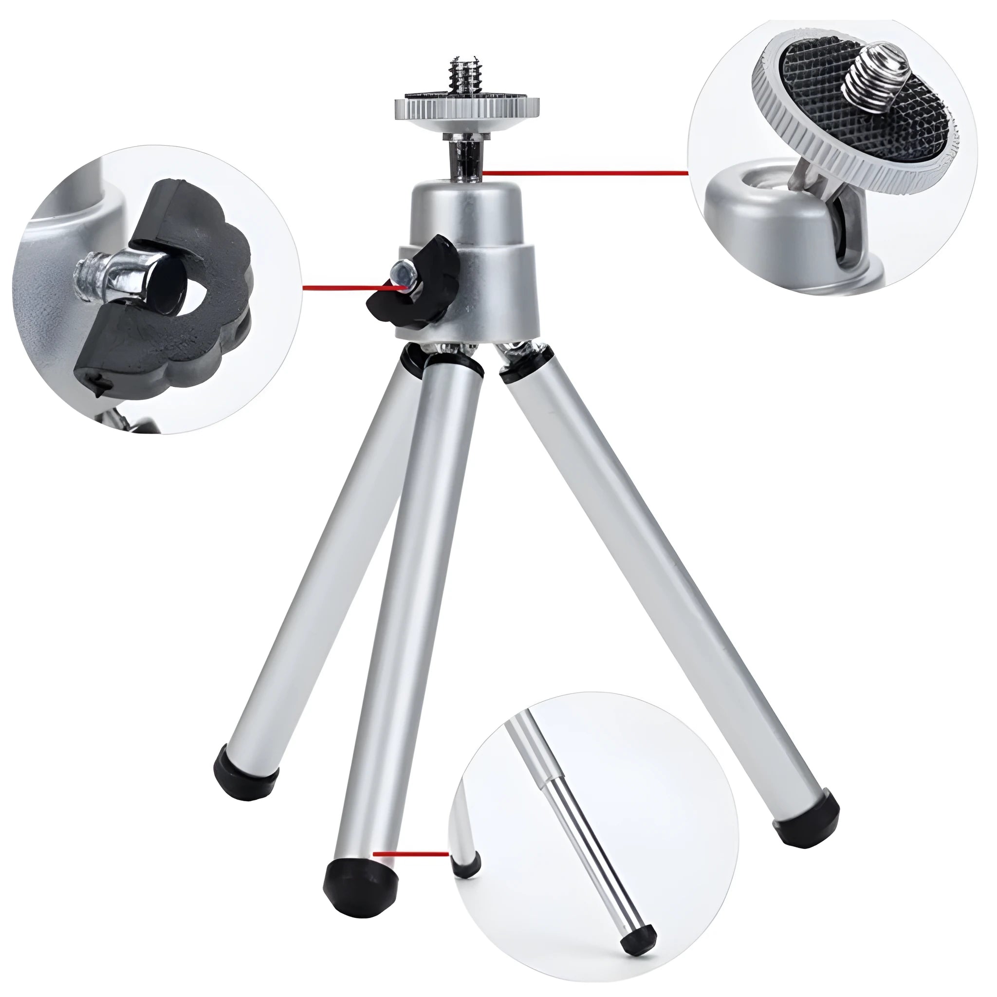 Mini desktop tripod with extendable aluminium legs and U-shaped phone clip for cameras and mobile devices