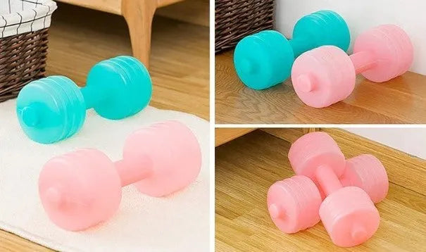 Pair of water-filled fitness dumbbells in pink and green, polypropylene, approximately 1kg each when filled