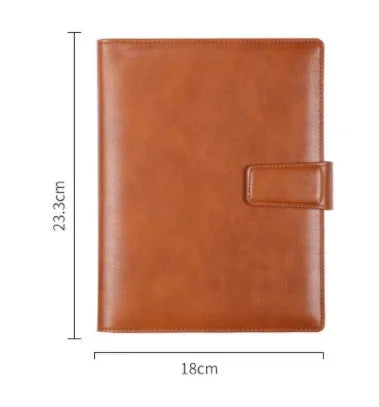 A5 leather notebook with 6-hole binder clip closure and hard cover