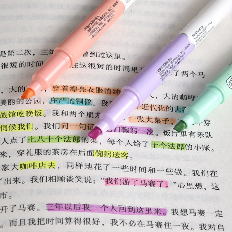 Double-ended fluorescent marker pen set with six bright colours and erasable ink