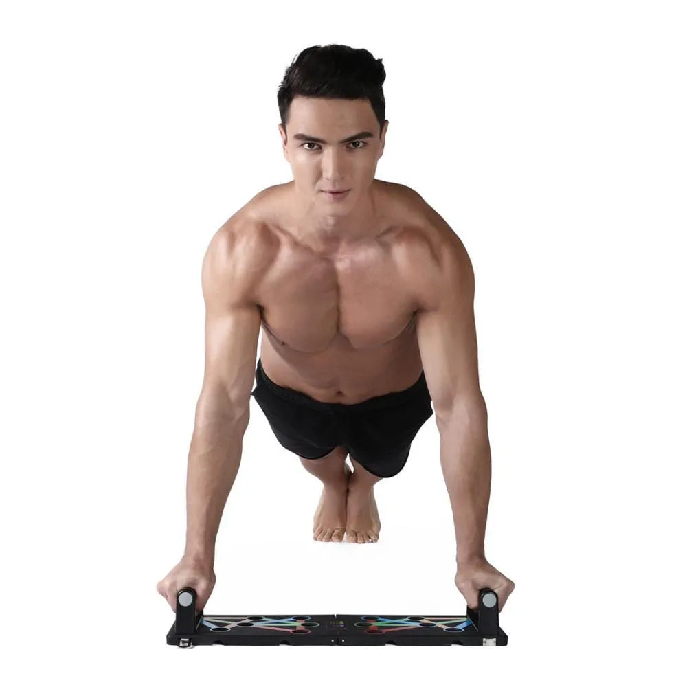 Yunmai black push up stand with two armrests and main board on a wooden floor