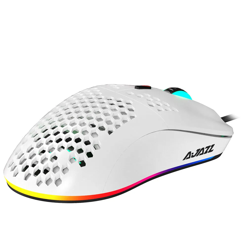 Lightweight hollow hole wired gaming mouse, white or black, with PAW3338 sensor and 1.7m cable.