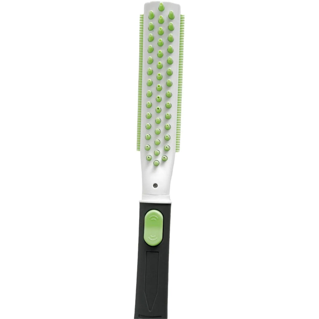 Dog bathing brush showerhead with ABS handle, shown in five colour options including green and white and blue and gray.