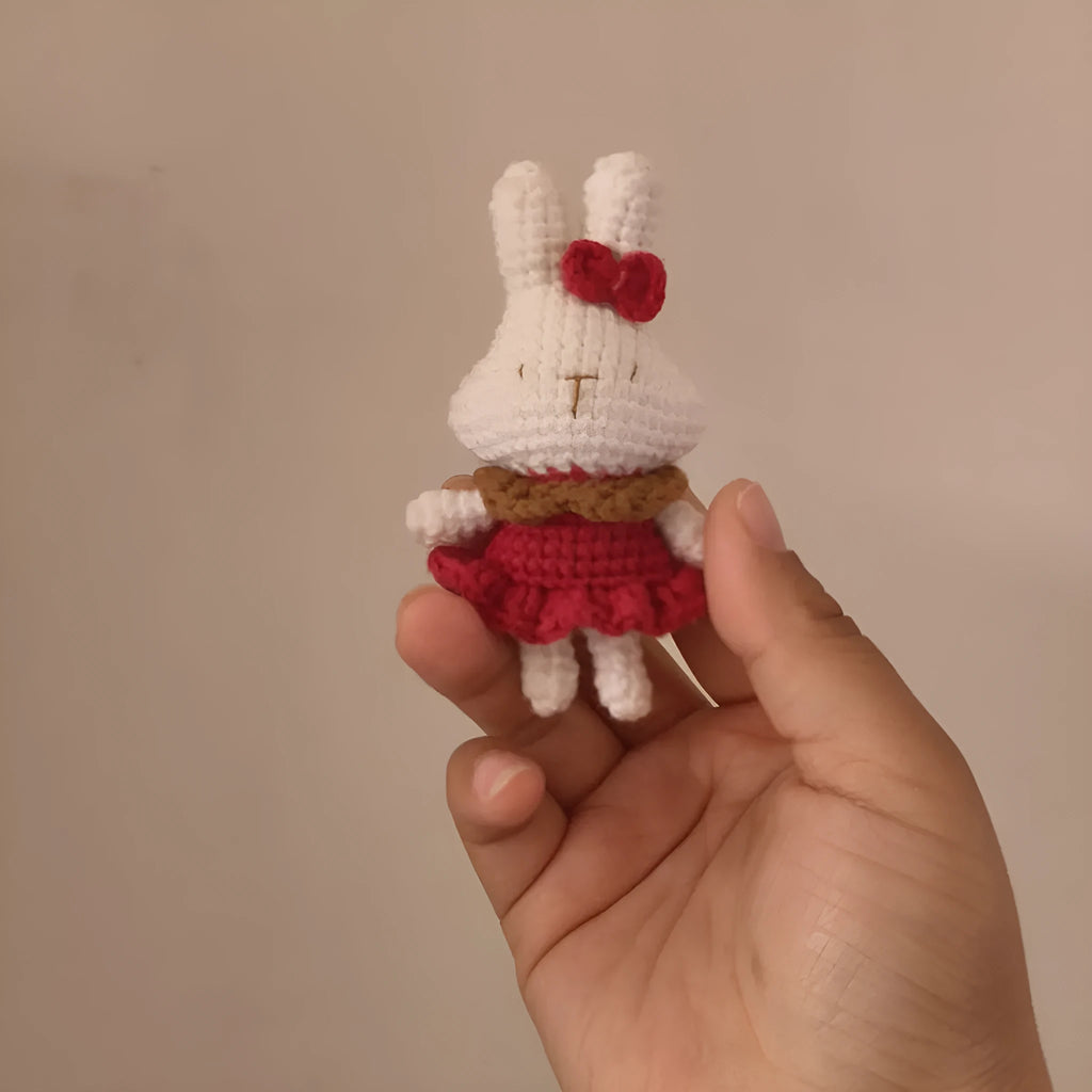 Hand-crocheted cute rabbit key chain in wool with optional key chain pendant
