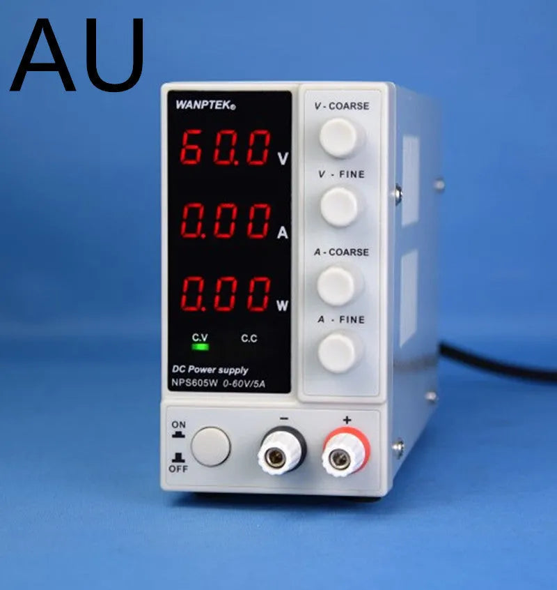 White adjustable DC laboratory power supply with digital display, model S605W, UK plug.