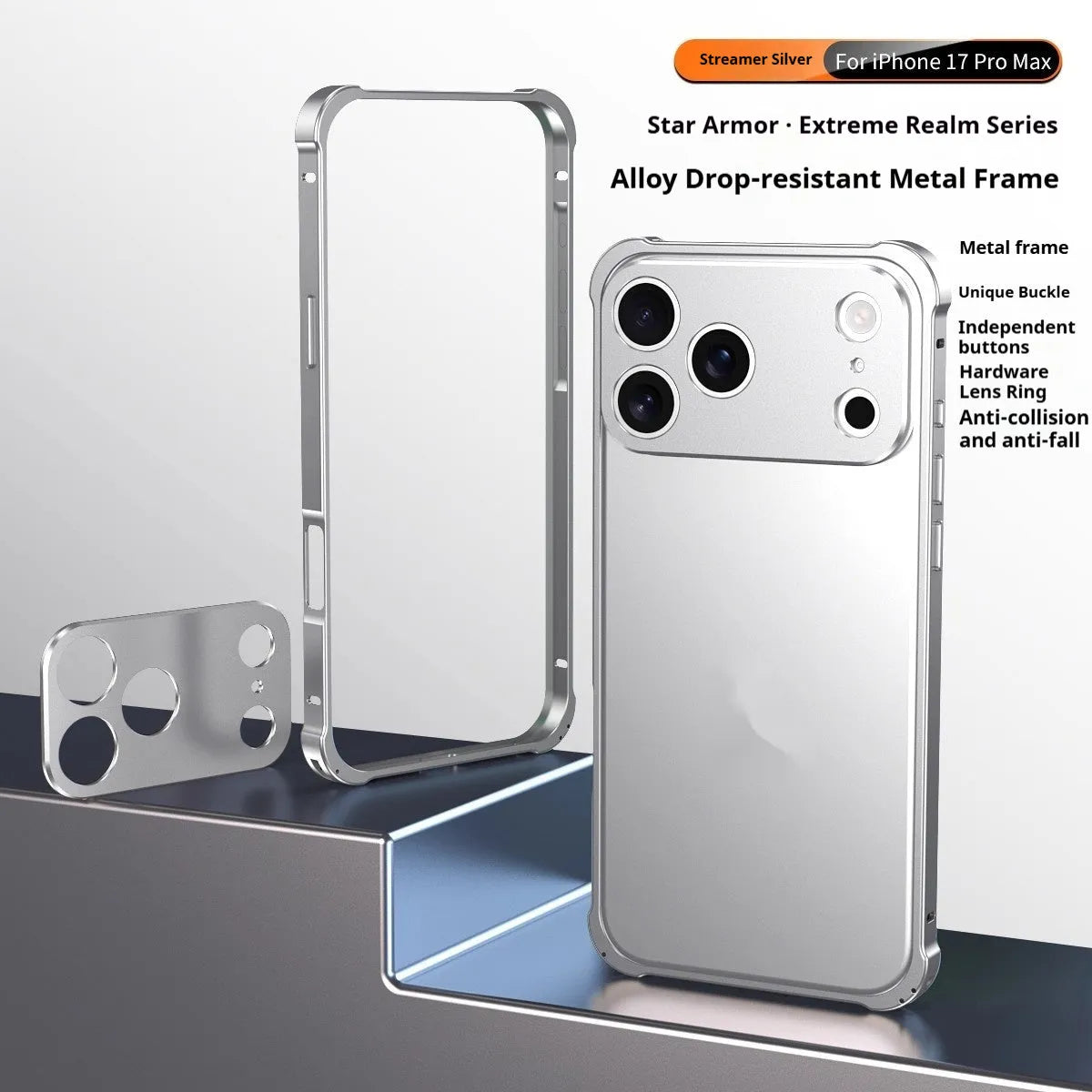 Metal alloy iPhone 17 case with seahorse buckle and reinforced corners in five colour options