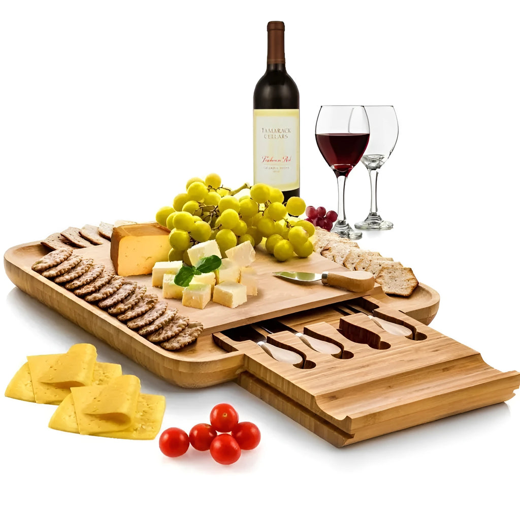 Square bamboo cutting board in wood colour with four knives and forks arranged on top