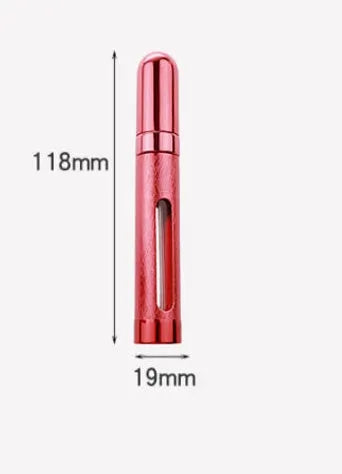 Slender silver aluminium travel perfume bottle with glass liner, shown next to a ruler indicating 115mm length.