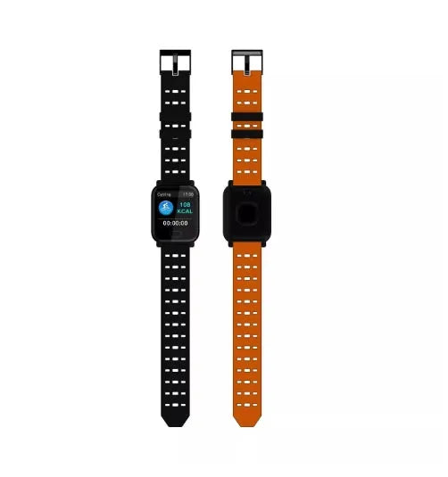 Blue A6 smart bracelet with colour screen on a wrist, showing heart rate data.