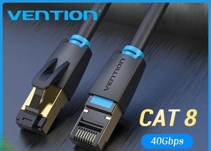 CAT8 network cable with RJ45 connectors, shown in flat and round style options.