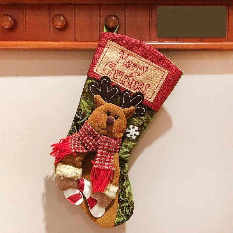 Christmas stocking with 3D Elk appliqué design in mixed colours, made from Burlap cloth with hanging loop
