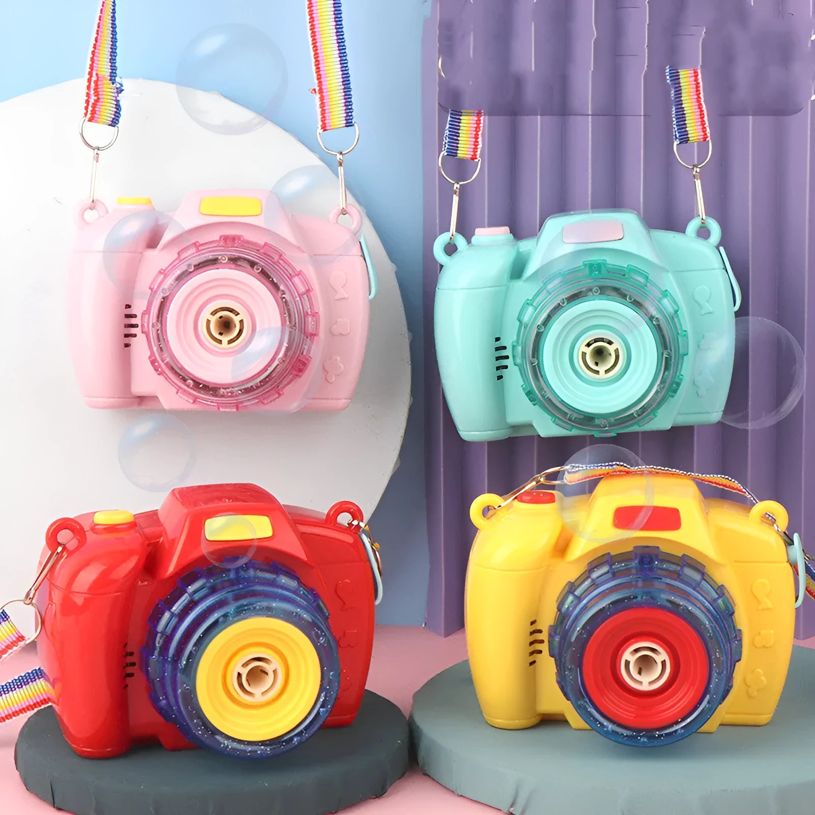 Green or pink camera-shaped automatic bubble machine for kids with LED lights