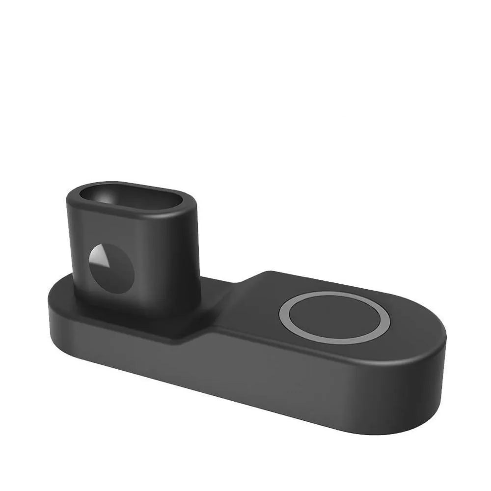 Black and white W3 wireless charging station showing Apple Watch charger, phone charging surface and rotating connector dock