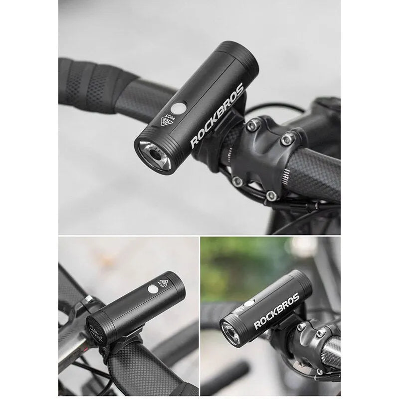 ROCKBROS R1 black aluminium alloy bicycle headlight with 400/800 lumen output and IPX6 waterproof rating