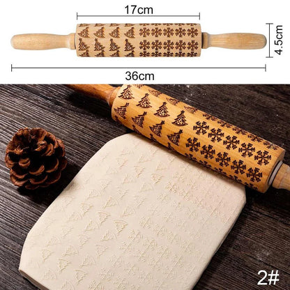 Personalized Christmas rolling pin with a variety of embossed holiday designs, including snowflakes, reindeer, and Merry Christmas patterns