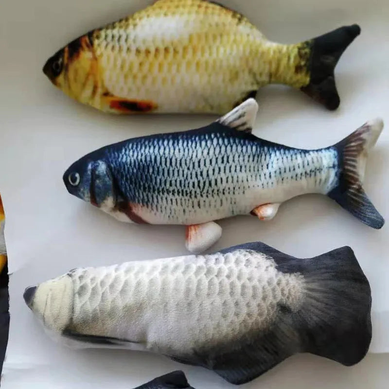 Multicolour electronic jumping fish cat toy with USB cable, measuring 30cm.