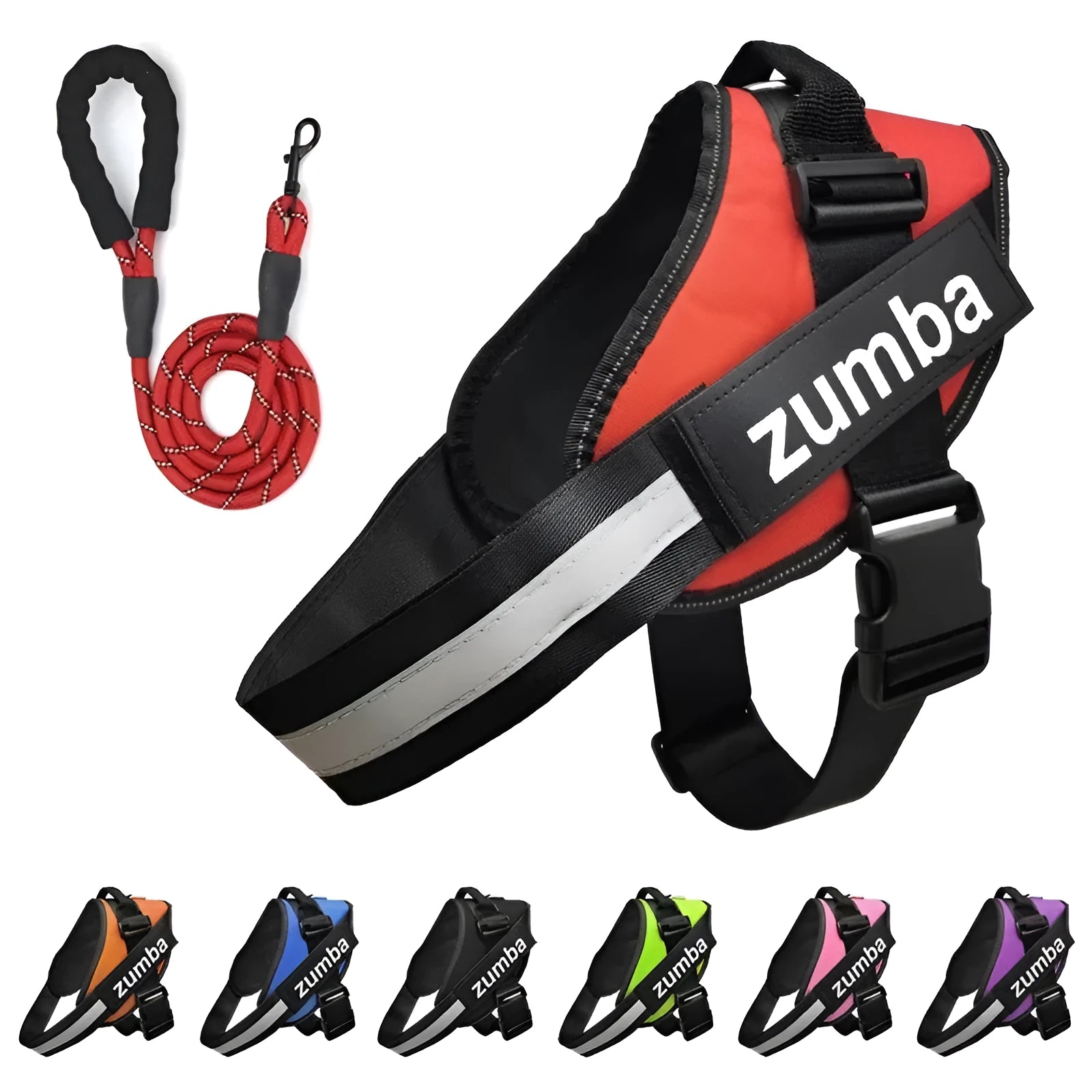 Adjustable nylon reflective dog harness and matching leash set for small to large dogs, seven colours