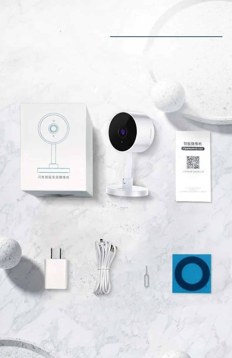 White FLASH FISH gun-style WiFi security camera for indoor home monitoring with 1080p HD and night vision.