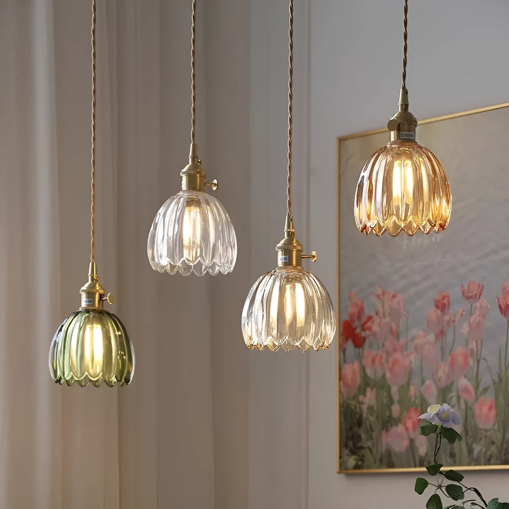 Nordic style vintage glass flower chandelier for bedroom bedside lighting in amber colour