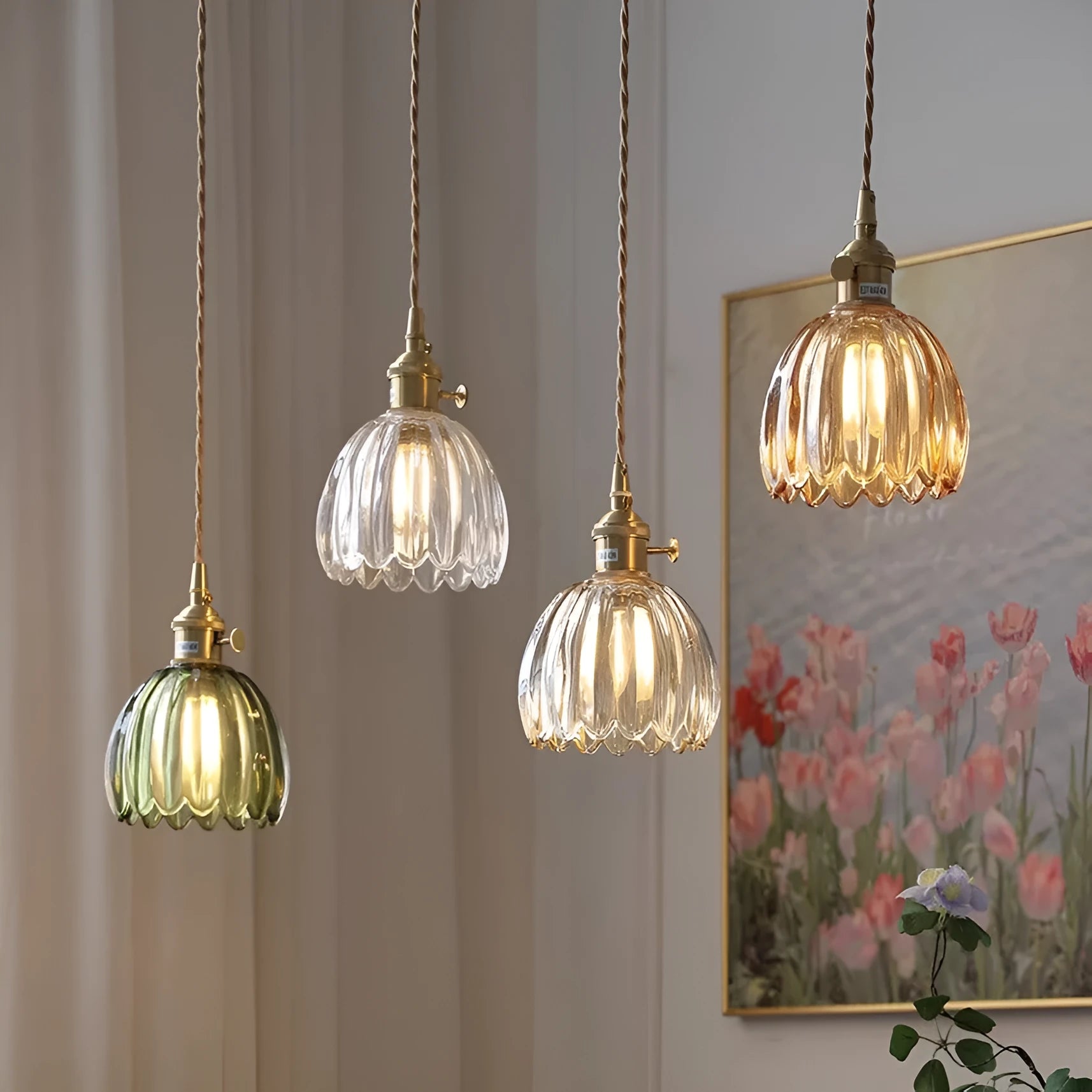 Nordic style vintage glass flower chandelier for bedroom bedside lighting in amber colour