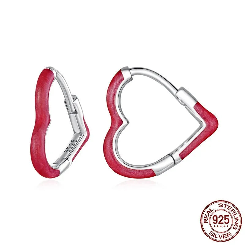 Pair of 925 silver heart stud earrings with pink or red dripping oil finish