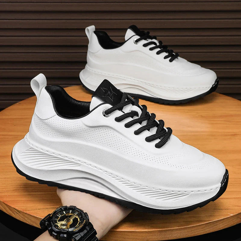 Stylish thick-sole sneakers with microfiber upper and PVC sole, available in black, beige, and beige black color options