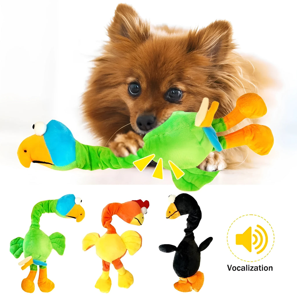 Chicken-shaped dog squeaker toy in orange colour showing bite-resistant rubber construction