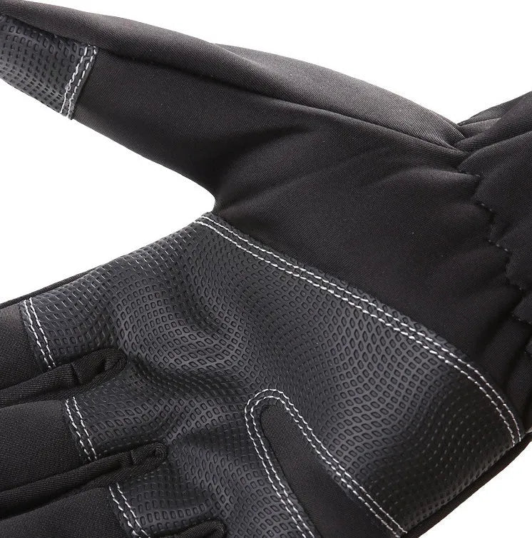 Pair of insulated mittens in black, grey, blue, and pink made from fleece and diving cloth