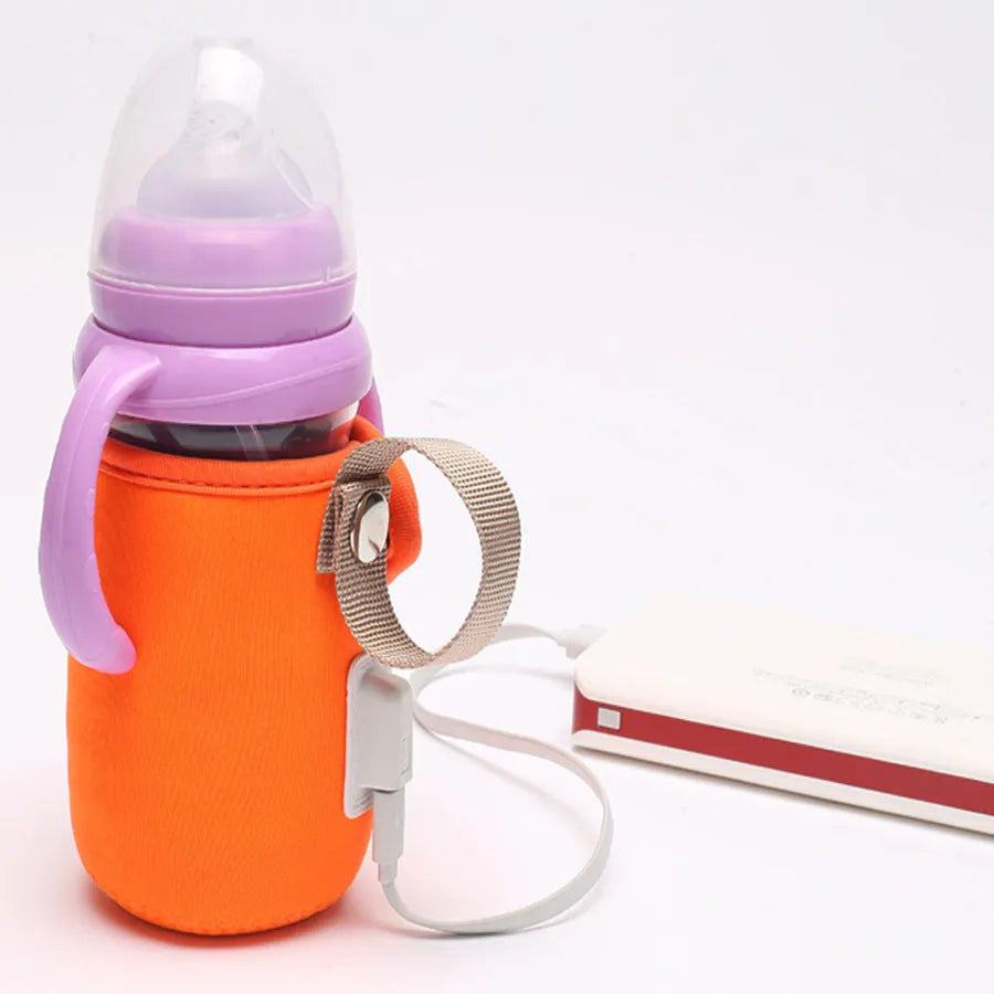 Baby USB bottle warmer with cotton cover showing orange and blue colour options