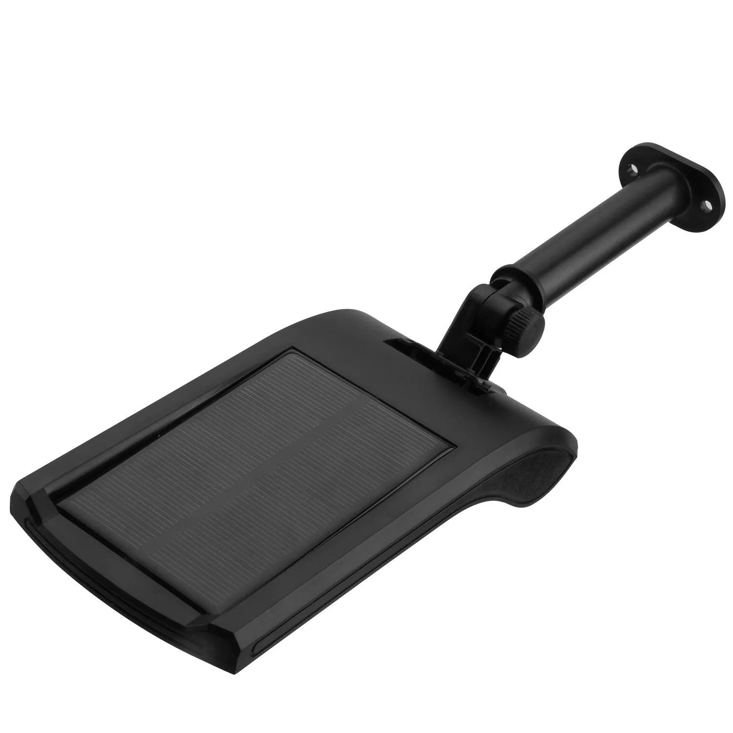 Black solar wall light with motion sensor, diamond-patterned housing, and adjustable solar panel