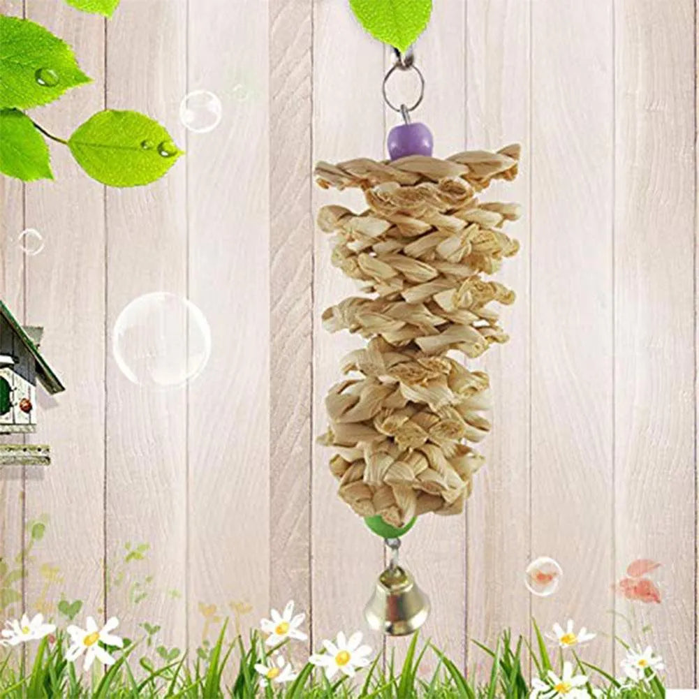 Natural grass parrot toy with bell, hanging from cage with hook, brown, 18-20 cm length